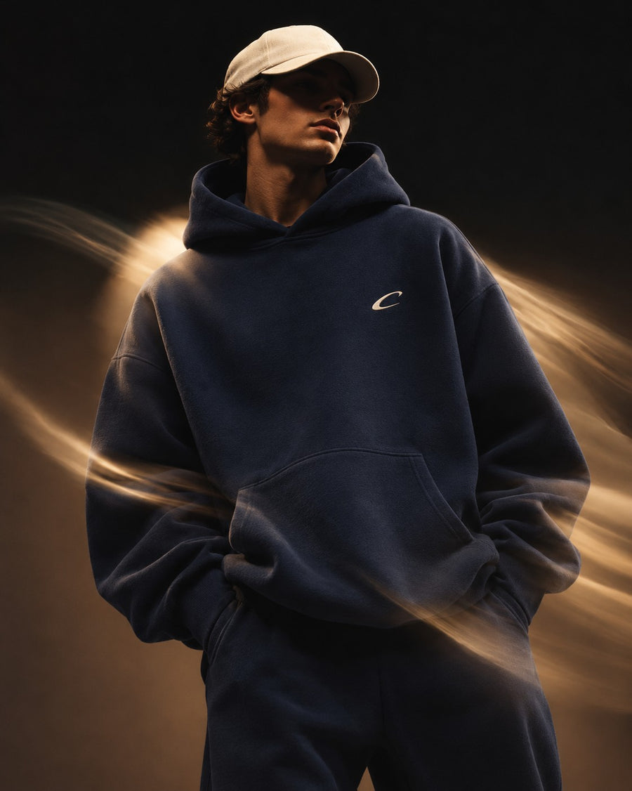 Model in the navy Calcuera Club Hoodie and cream cap