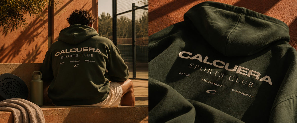 Calcuera Sports Club hoodie in forest green, worn courtside and laid flat