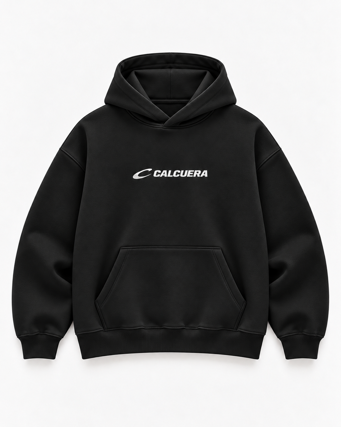 Calcuera Court Hoodie in black with white Calcuera wordmark on the chest