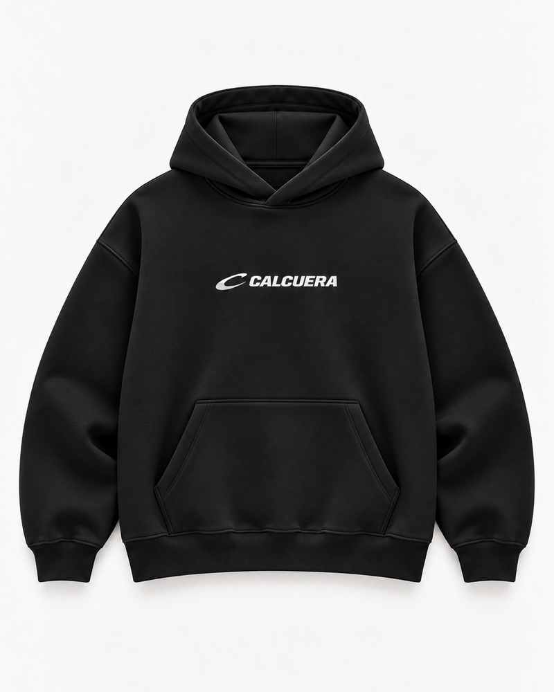 Calcuera Court Hoodie in black with white Calcuera wordmark on the chest