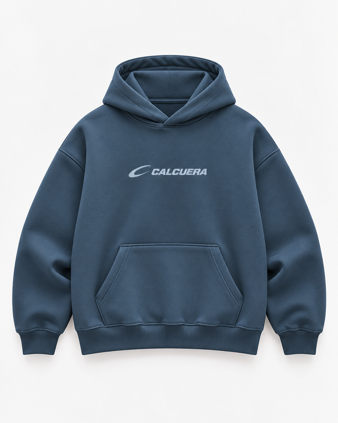 Calcuera Court Hoodie in slate blue with Calcuera wordmark on the chest