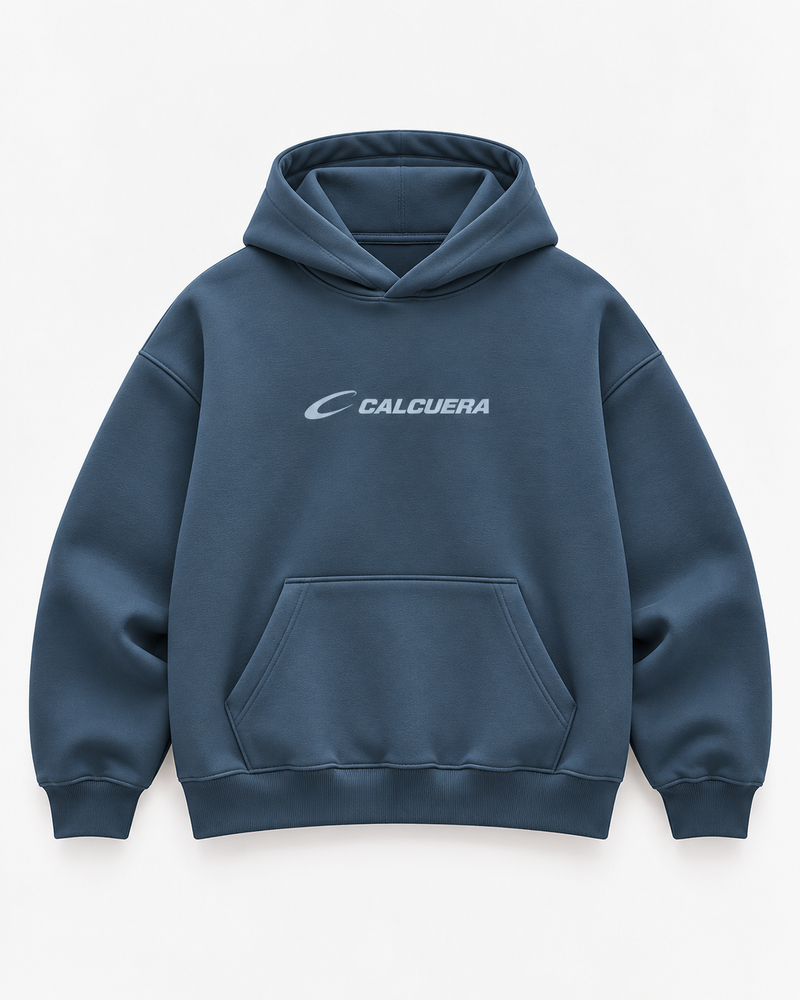 Calcuera Court Hoodie in slate blue with Calcuera wordmark on the chest
