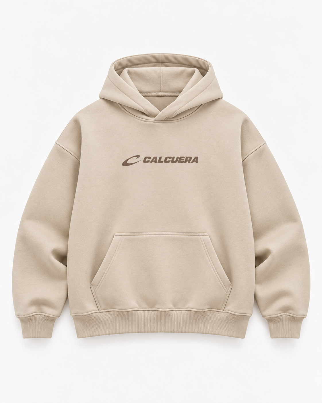 Calcuera Court Hoodie in cream with brown Calcuera wordmark on the chest