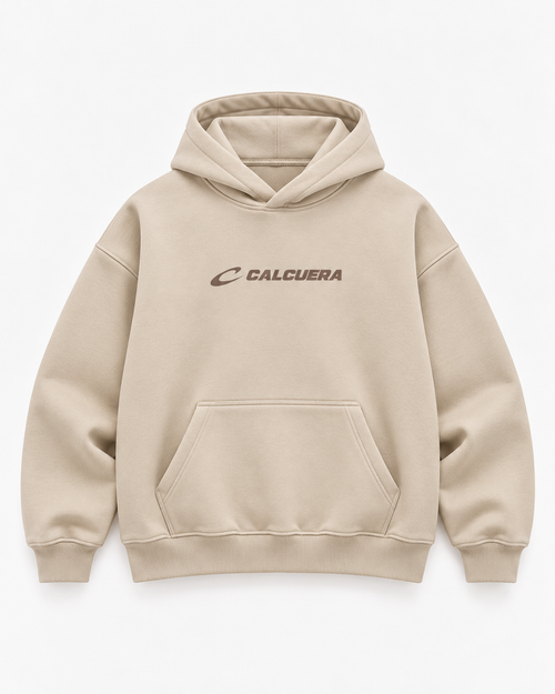 Calcuera Court Hoodie in cream with brown Calcuera wordmark on the chest