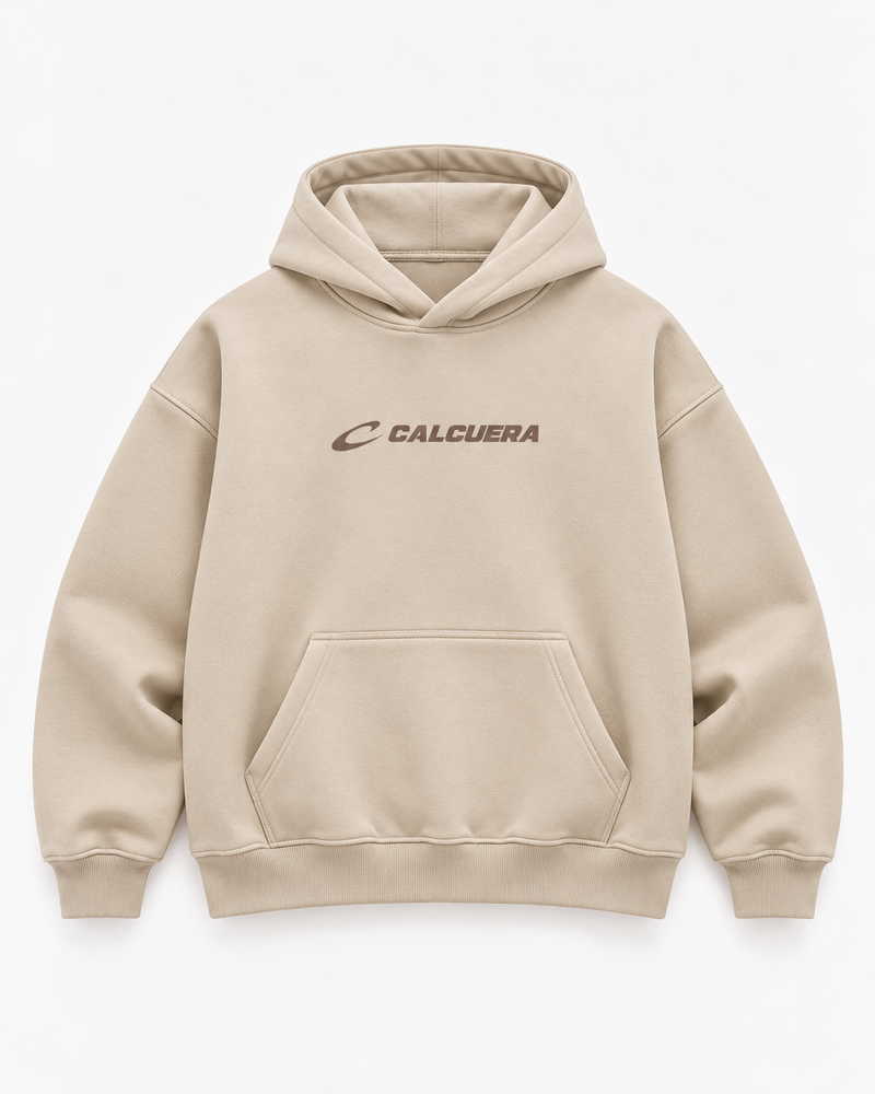 Calcuera Court Hoodie in cream with brown Calcuera wordmark on the chest
