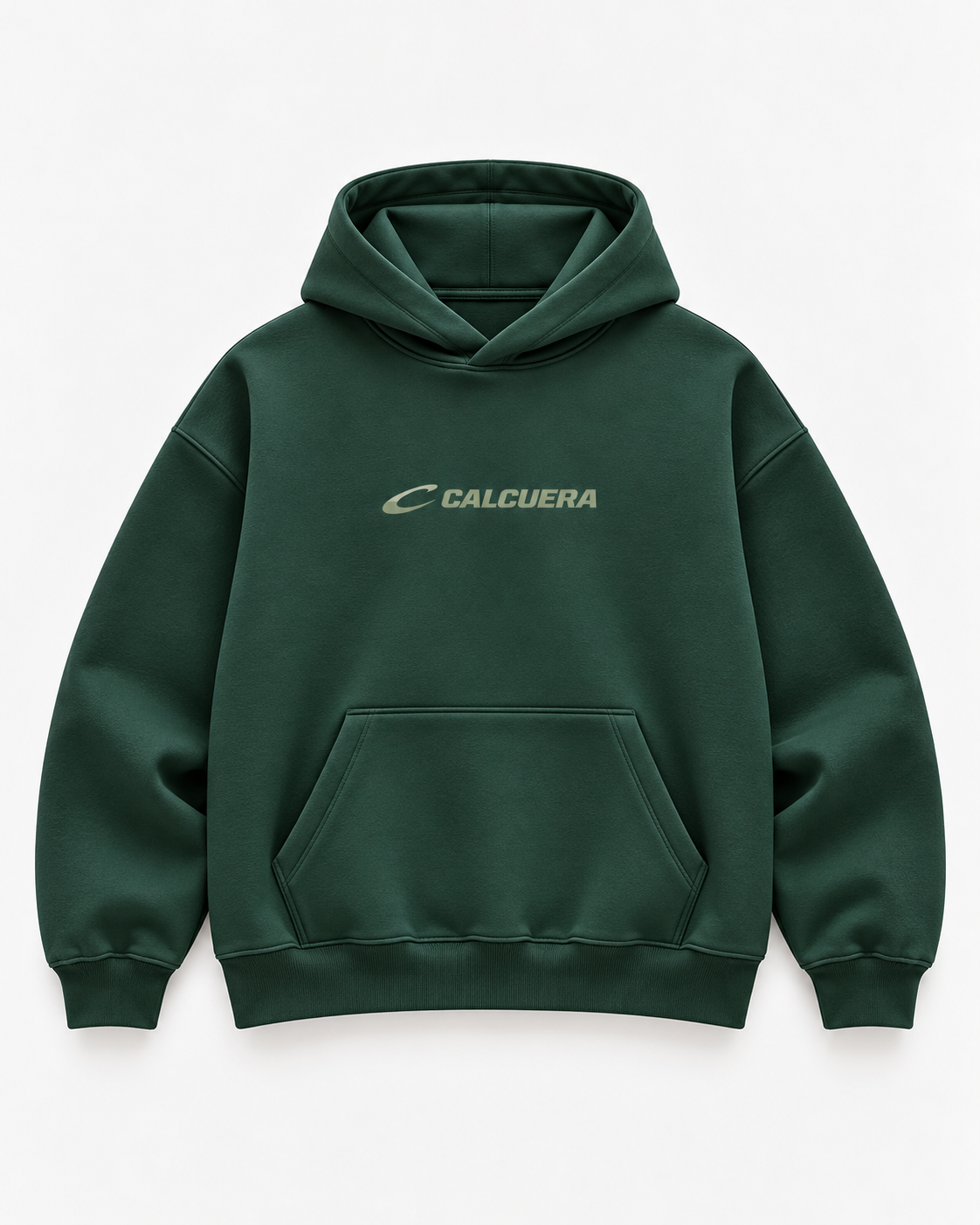 Calcuera Court Hoodie in green with sage Calcuera wordmark on the chest