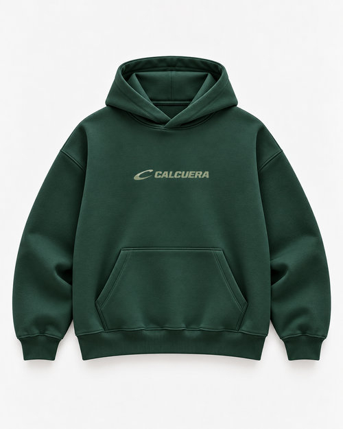 Calcuera Court Hoodie in green with sage Calcuera wordmark on the chest