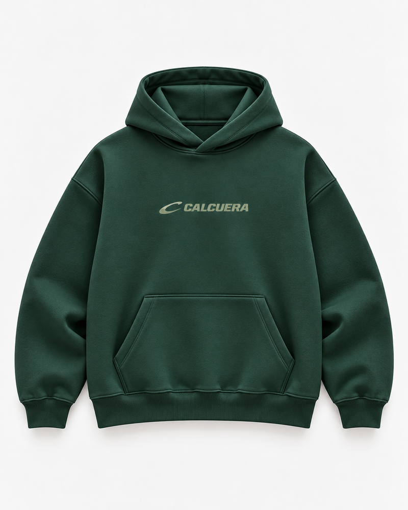 Calcuera Court Hoodie in green with sage Calcuera wordmark on the chest