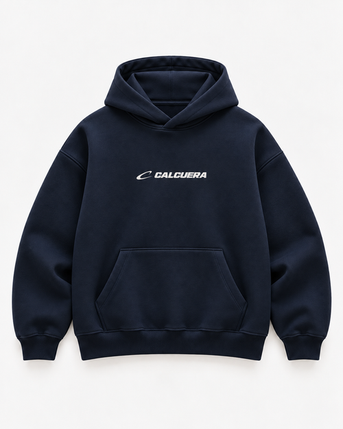 Calcuera Court Hoodie in navy with Calcuera wordmark on the chest