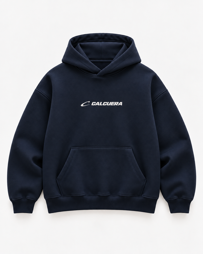 Calcuera Court Hoodie in navy with Calcuera wordmark on the chest