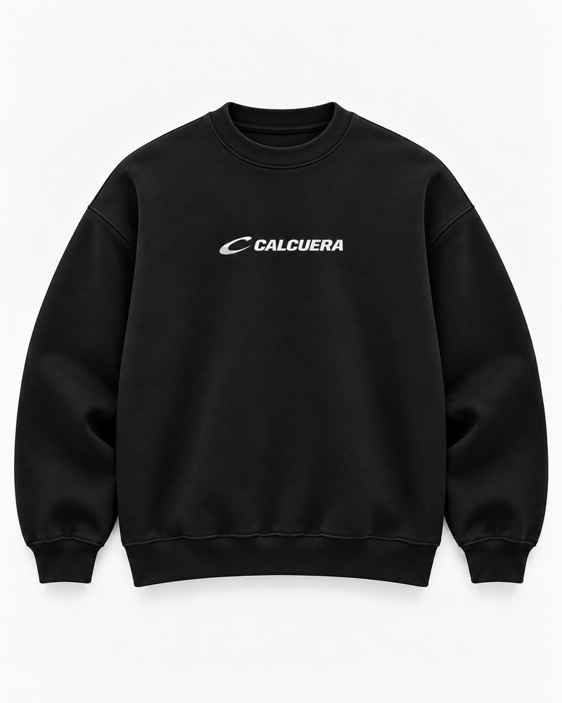 Calcuera Court Sweatshirt in black with white Calcuera wordmark on the chest