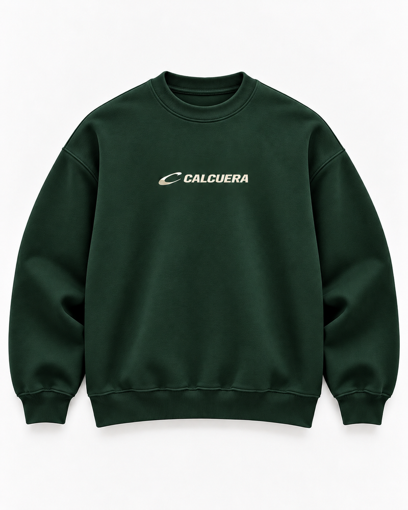 Calcuera Court Sweatshirt in green with cream Calcuera wordmark on the chest