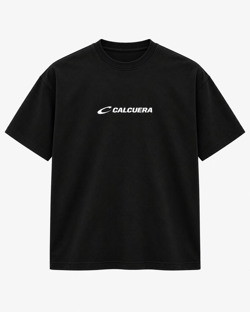 Calcuera Court T-Shirt in black with white Calcuera wordmark on the chest