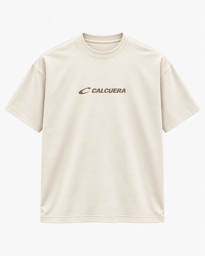 Calcuera Court T-Shirt in cream with brown Calcuera wordmark on the chest