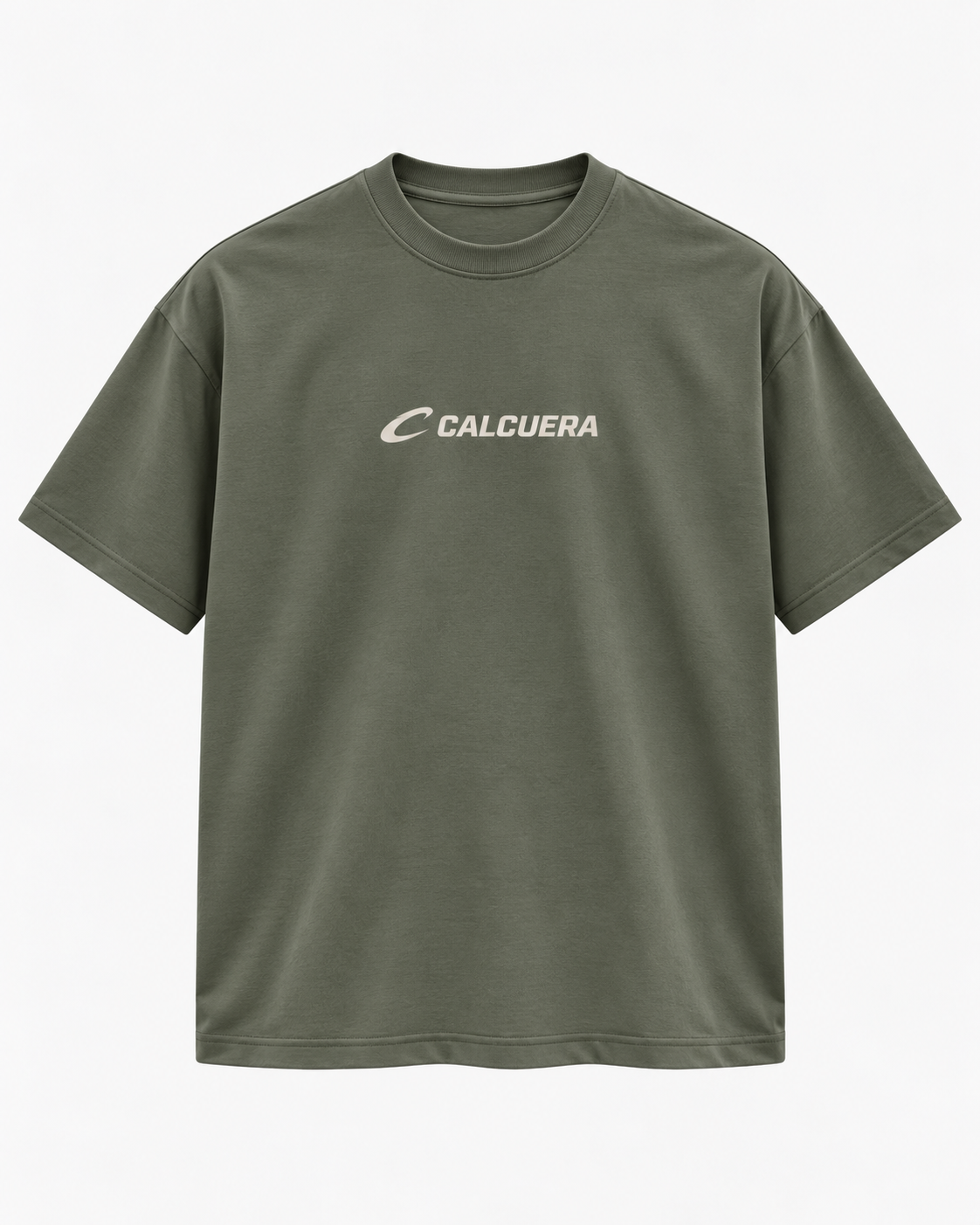 Calcuera Court T-Shirt in olive green with cream Calcuera wordmark on the chest