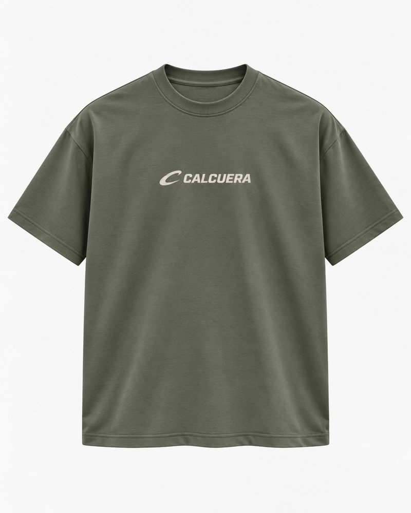 Calcuera Court T-Shirt in olive green with cream Calcuera wordmark on the chest