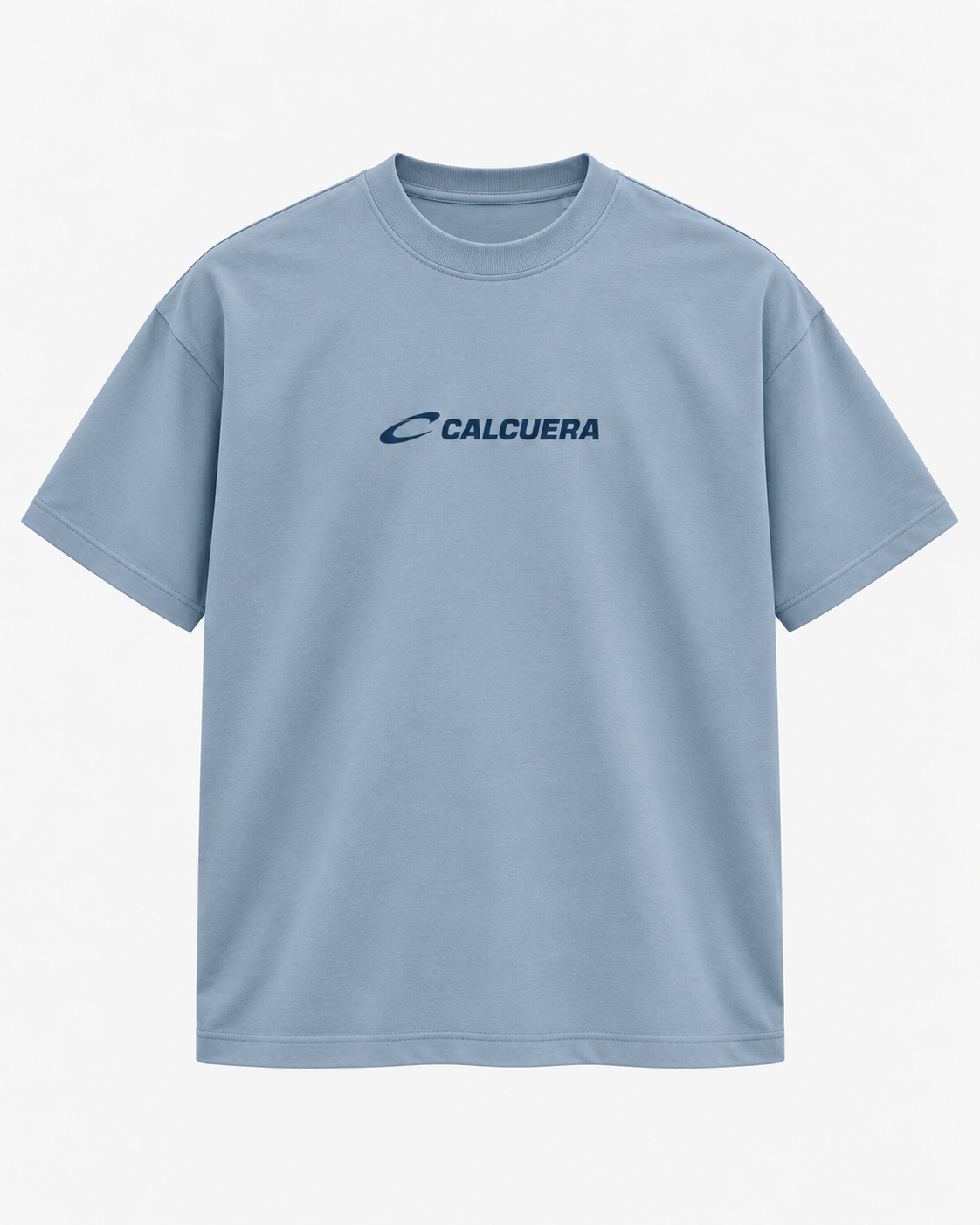 Calcuera Court T-Shirt in sky blue with navy Calcuera wordmark on the chest