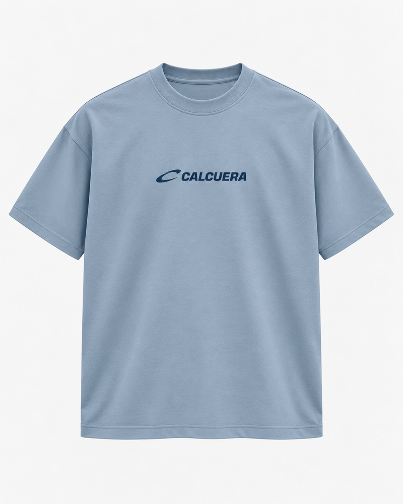 Calcuera Court T-Shirt in sky blue with navy Calcuera wordmark on the chest