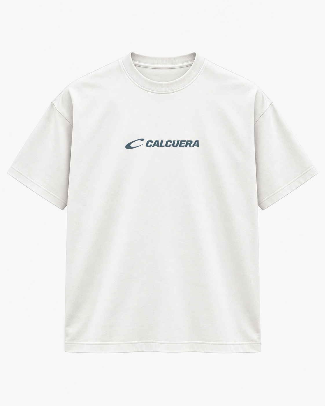 Calcuera Court T-Shirt in white with slate blue Calcuera wordmark on the chest