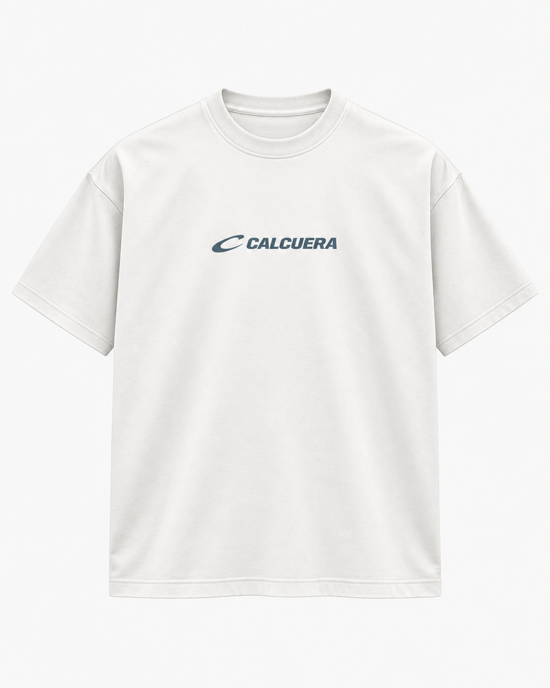 Calcuera Court T-Shirt in white with slate blue Calcuera wordmark on the chest