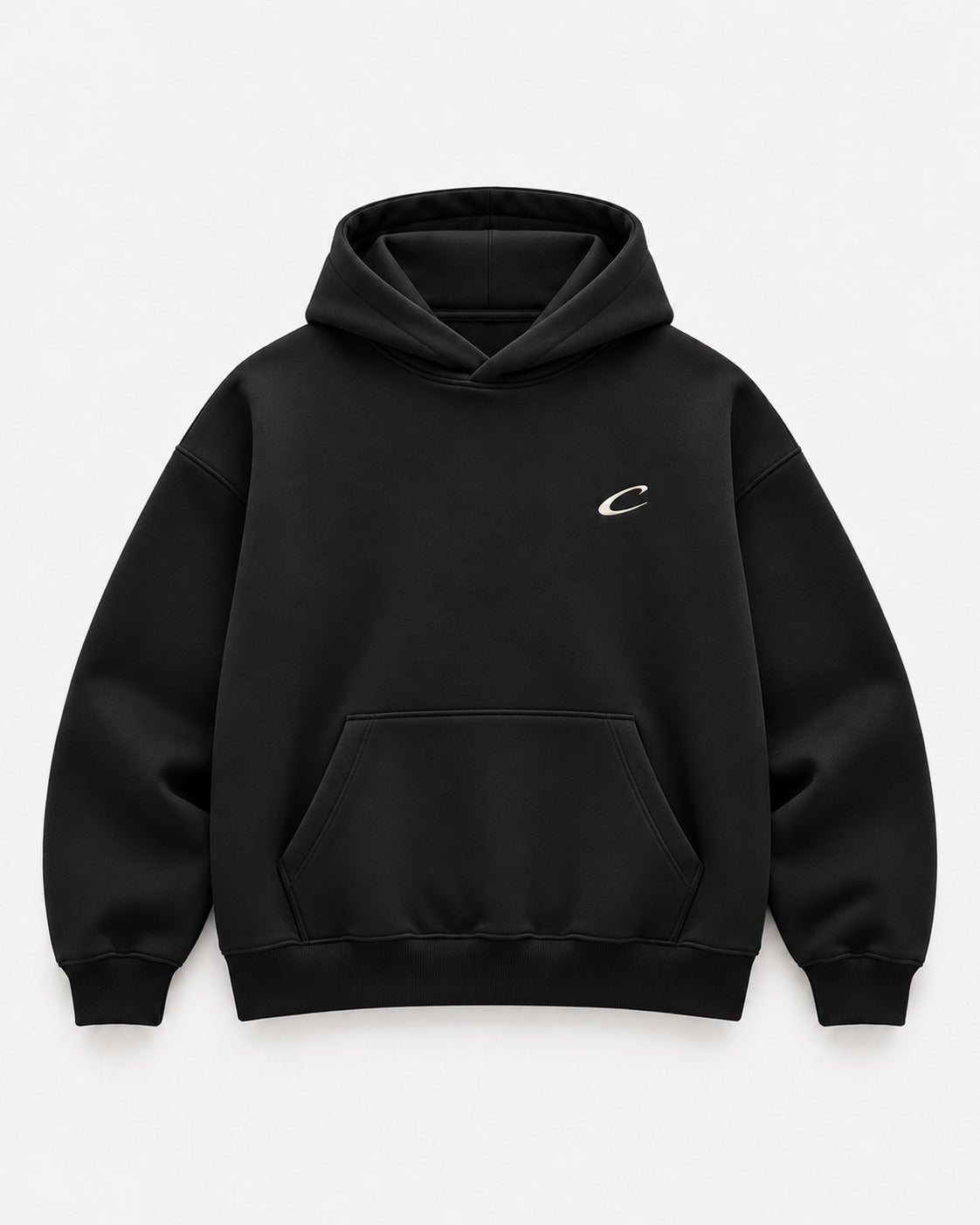 Icon Hoodie in black with cream embroidered C