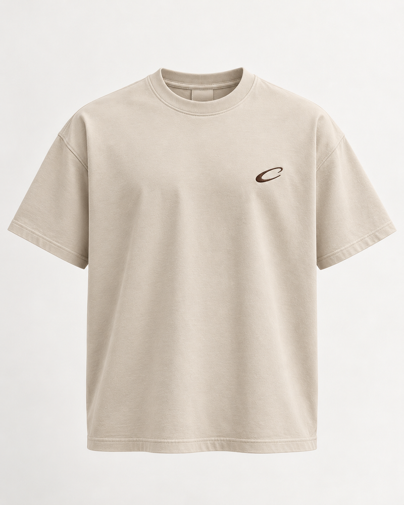 Calcuera Icon Tee in cream with embroidered brown C emblem