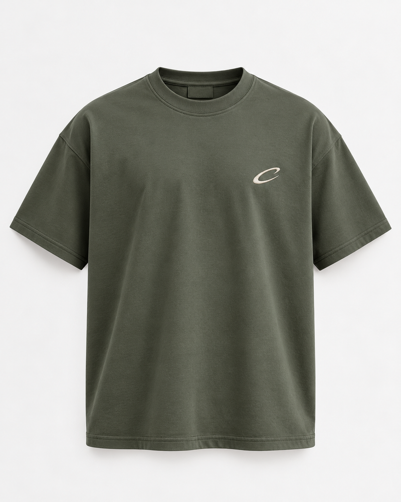 Calcuera Icon Tee in khaki with embroidered cream C emblem