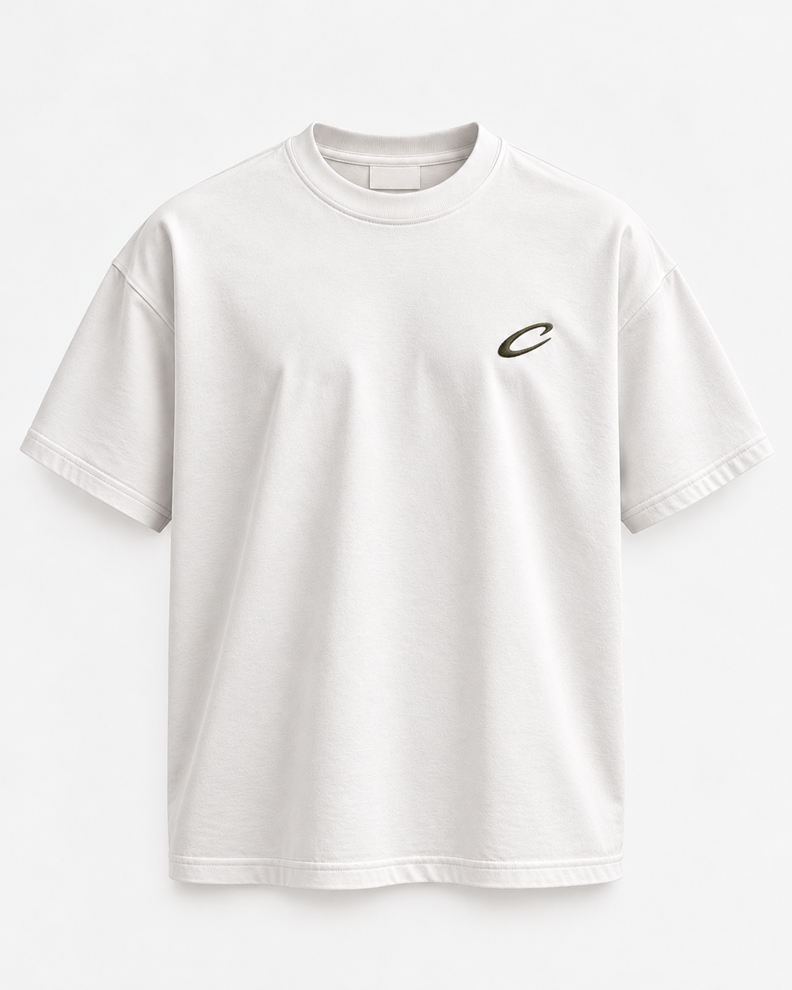 Calcuera Icon Tee in white with embroidered khaki C emblem