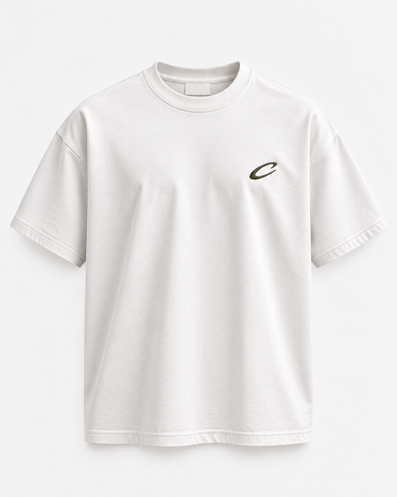 Calcuera Icon Tee in white with embroidered khaki C emblem