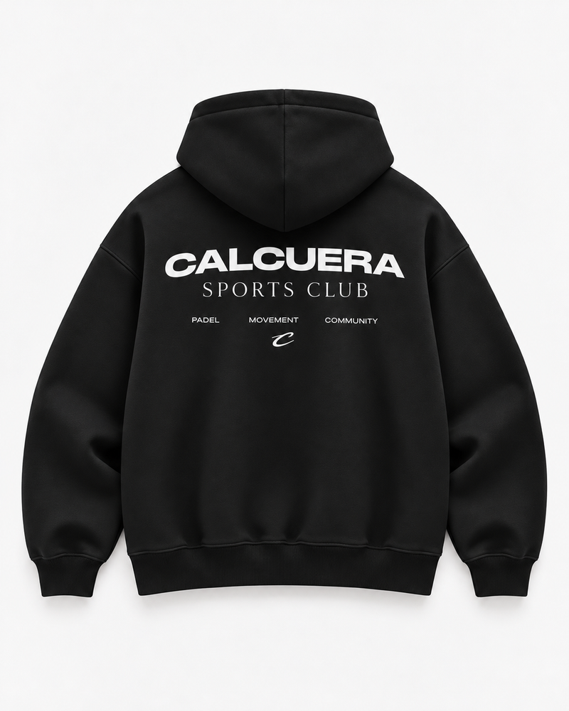 Calcuera Sports Club Hoodie in black, back view with Sports Club crest