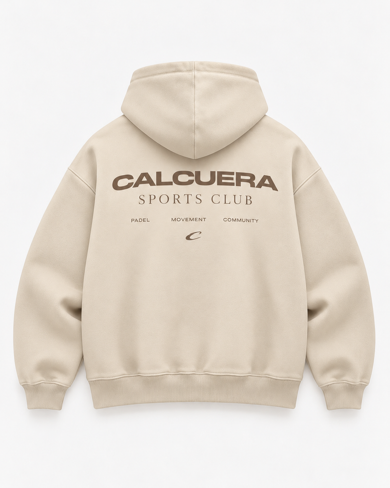 Calcuera Sports Club Hoodie in cream, back view with brown Sports Club crest
