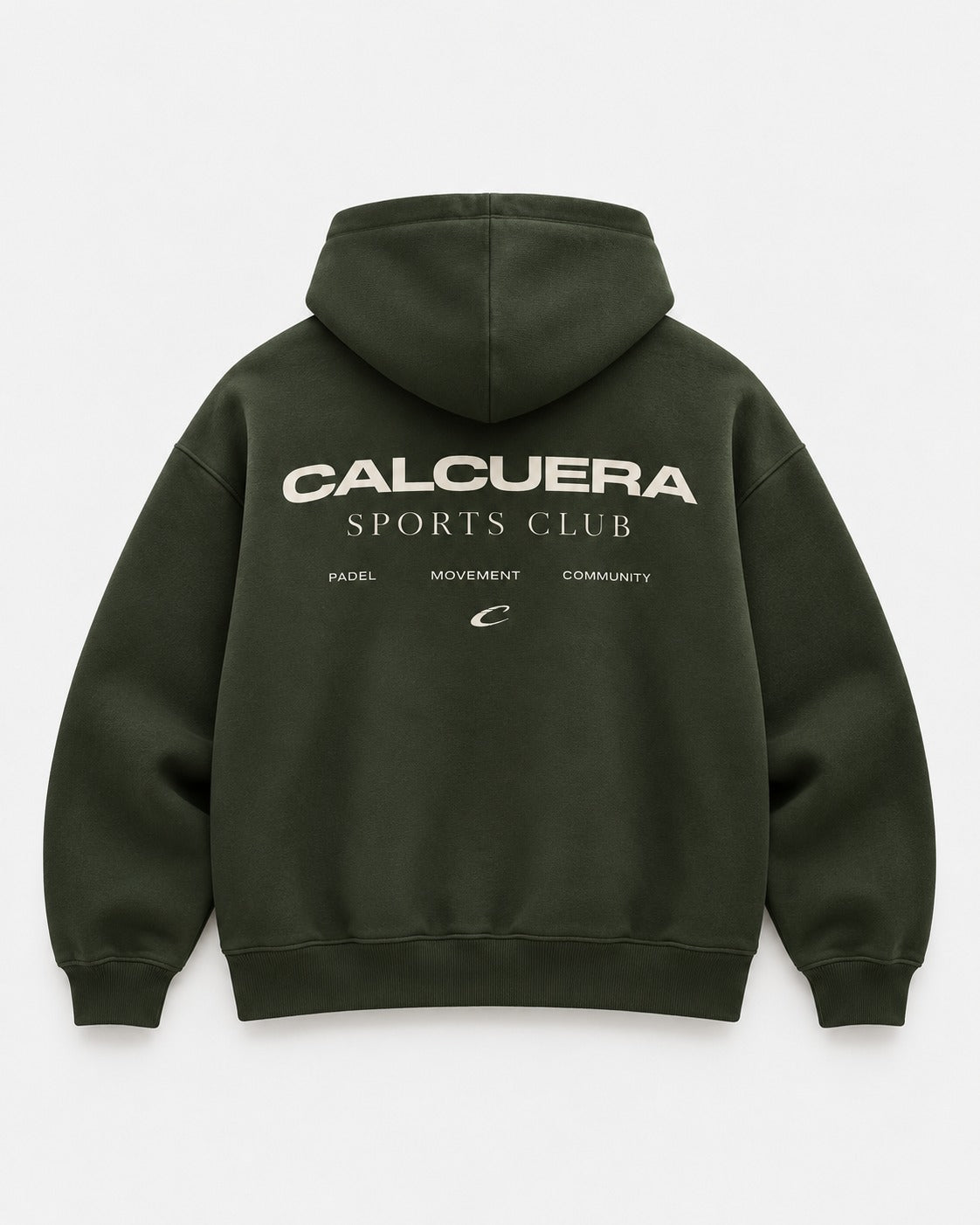 Sports Club Hoodie in forest green, back view with Calcuera Sports Club graphic