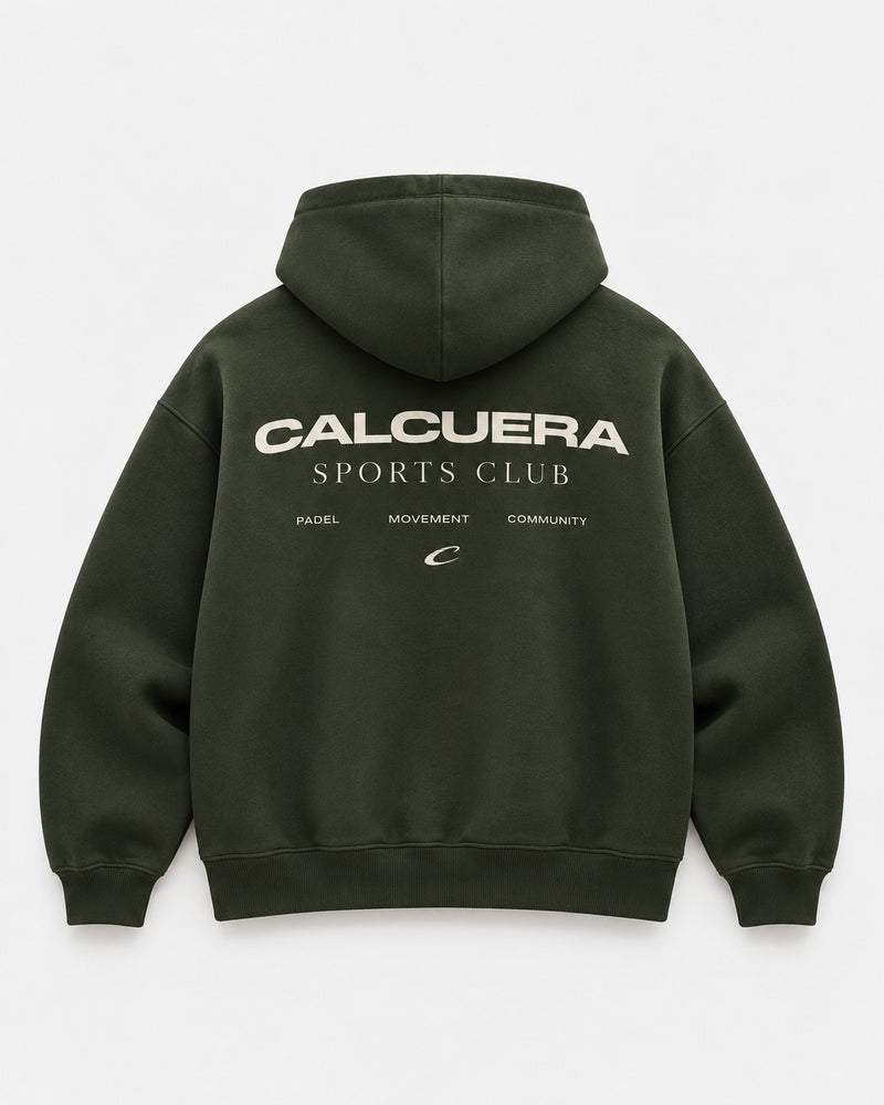 Sports Club Hoodie in forest green, back view with Calcuera Sports Club graphic