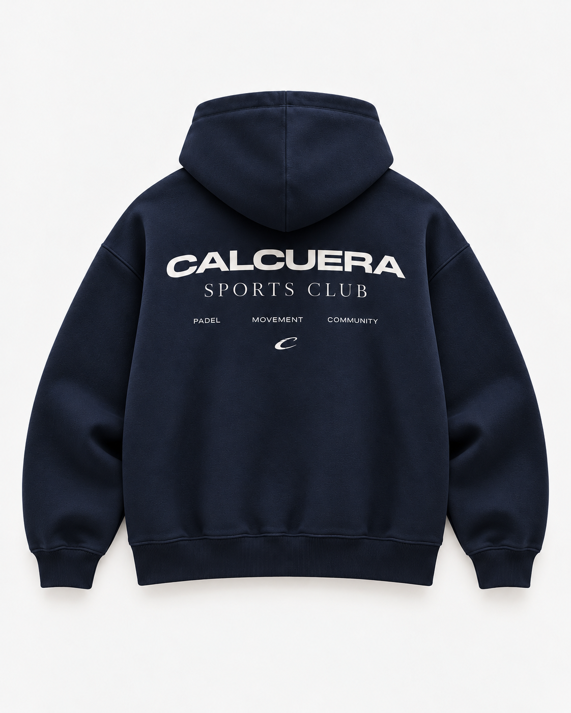 Calcuera Sports Club Hoodie in navy, back view with Sports Club crest