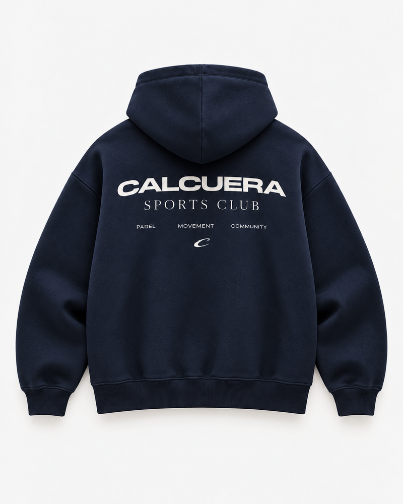 Calcuera Sports Club Hoodie in navy, back view with Sports Club crest