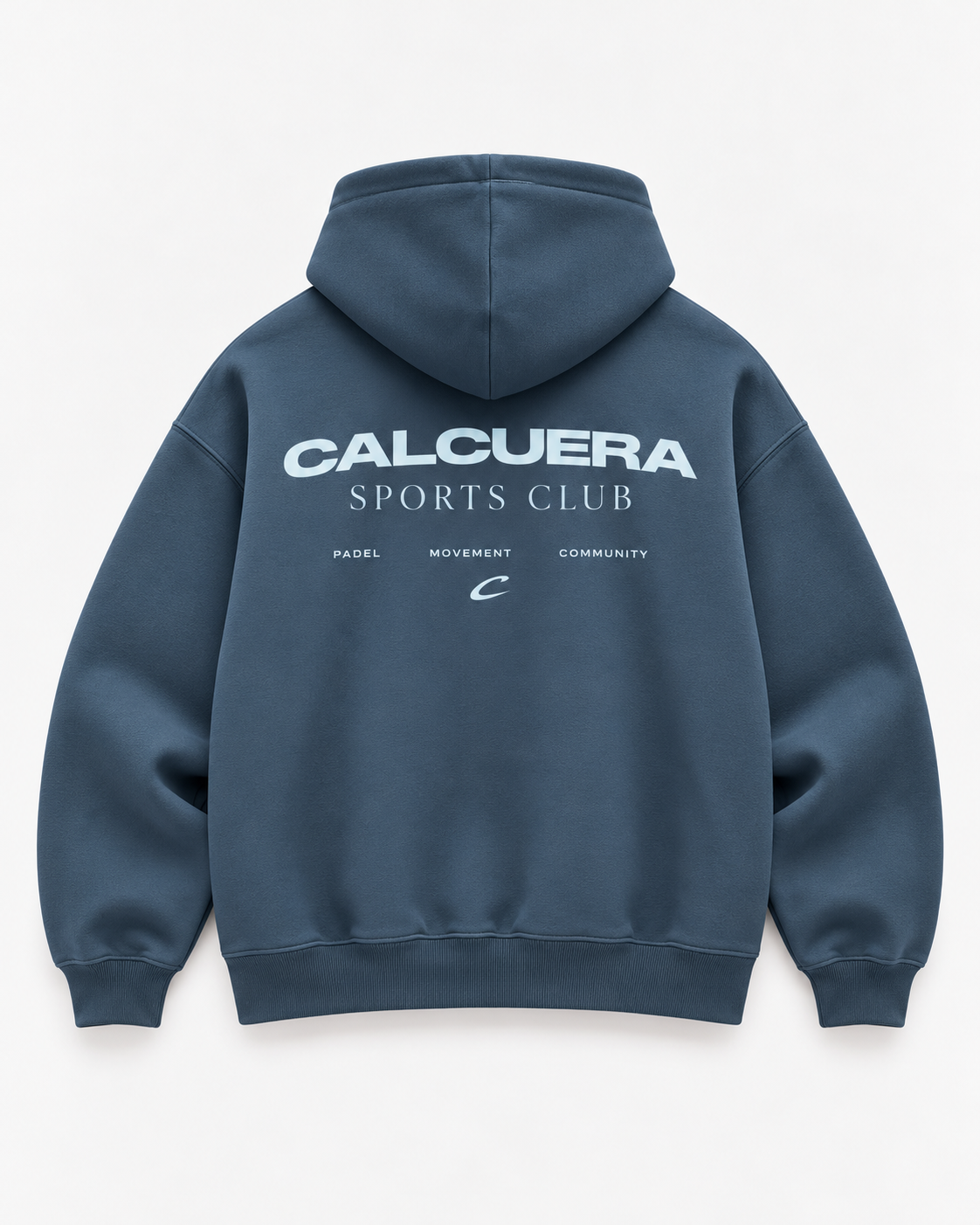 Calcuera Sports Club Hoodie in slate blue, back view with Sports Club crest