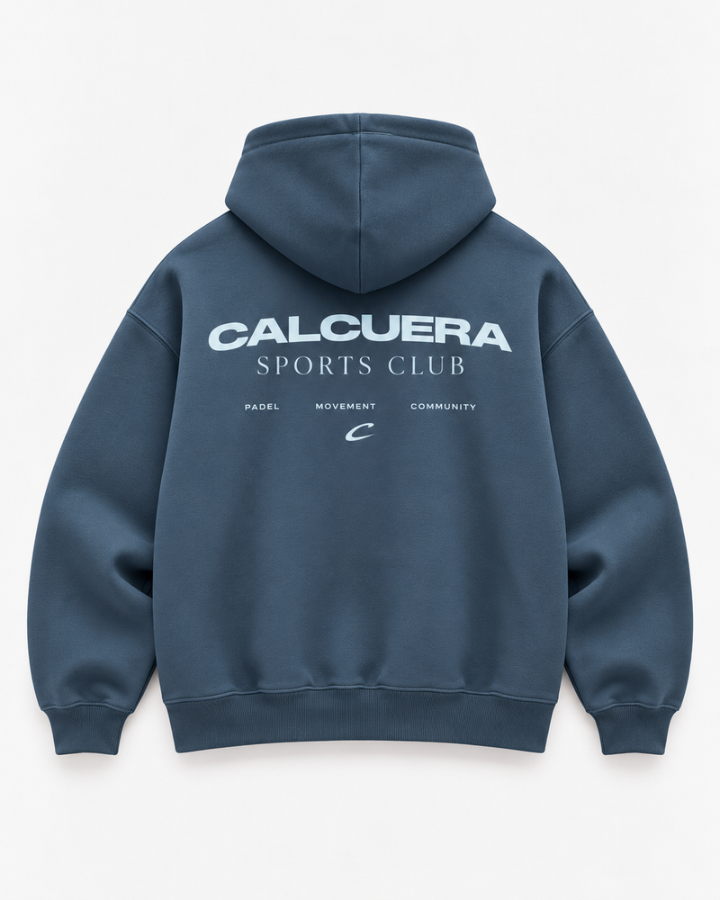 Calcuera Sports Club Hoodie in slate blue, back view with Sports Club crest